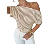 Besttoolifes Women's Shoulder Striped Knit T-Shirt Fitted Cropped for top | Slanted Neckline Stretchy Bodycon Blouse for Summer Beach Holiday Vacation Cycling