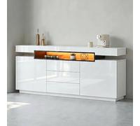 BESTWANTED High Gloss Sideboard Cupboard Storage Cabinet with LED Light,160cm TV Unit with 2 Doors,3 Drawers & Large Open Shelves for Dining Room,Living Room,Kitchen,Hallway,White