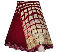 Bestway Lace Fashion Sequins Embroidery Velvet African Lace Fabric 5 Yards Nigerian Women Wedding Party Asoebi Sewing Lace Material(Wine Red)