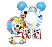 Bestway Mickey Mouse Swimming Pool Set, Bundle of 20" Beach Ball, Arm Bands, Googles & Swim Ring Tube for Swimming Pool Activities, Water Park, Beach Games