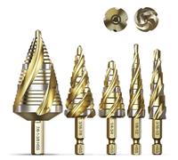 Bestwork Four Spiral Flute Step Drill Bit Set, 5 Pcs HSS (1/8"-1-3/8") Unibit Step Drill Bits, 1/4" and 3/8" Shank Step Bits for Metal Aluminum, Wood, Plastic