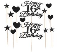 BESTYASH 10 Set Glitter Birthday Cake Topper Decorations with Heart Star Cupcake Picks Cheers to Sixteen Banner Black Paper Numeral Cake Toppers for Teen Boys Milestone Party Supplies