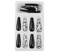 BESTYASH 24pcs Black Leopard Pattern Long Coffin False Nails Full Cover Fancy Fake Nails for Women Party Night Club Gel Press-on Salon Decorations