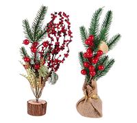 BESTYASH 2pcs Christmas Pine Tree Desktop Decoration Xmas Ornaments with Nordic Red Berry Design Lightweight Tabletop Holiday Decor for Home and Office