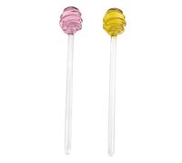 BESTYASH 2pcs Glass Honey Dipper Spoon with Long Handle for Stirring Honey Jam Coffee and Tea Multipurpose Kitchen Mixing Tool Creative Cute Design in Lemon Yellow Pink