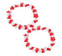 BESTYASH 2pcs Hawaiian Flower Lei Necklaces Lightweight Cloth Leis with Red and White Tropical Colors for Adult Beach Party Decorations and Hawaiian Themed Events