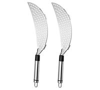 BESTYASH 2pcs Stainless Steel Crescent Pot Strainers with Comfortable Non Directional Handles Mirror Polished Kitchen Pan Strainers for Fast Draining and Easy Hanging Storage