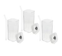 BESTYASH 3 Sets Square Glass Tumbler Cups with Lid and Straw Clear Spillproof Drinking Glasses for Hot and Cold Beverages Stable Base for Office Home and Travel Use