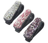 BESTYASH 3pcs Rhinestone Visor Sunglasses Holder Clips with Vibration Cushion Car Accessories for Women Multi Function Glasses and Card Mount for Sun Visor Silver Pink Purple