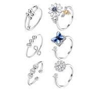 BESTYASH 6pcs Adjustable Copper Rings with Zircon Beads for Women, Stylish Fidget Anxiety Rings for Daily Wear, Expandable Finger Jewelry Set for Adults