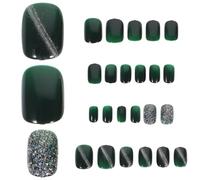 BESTYASH Dark Green Crystal Wide Cat Eye Short False Nails 24pcs Removable Fake Nails Manicure Supplies for Autumn Winter