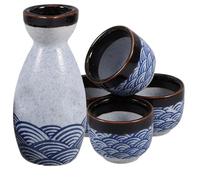 BESTYASH Japanese Style Ceramic Sake Set with Wave Pattern Pot and Four Cups Microwave Safe for Warm Serving Elegant Sake Lovers and Festive Home Use