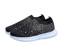 BESTYASH Rhinestone Mesh Slip On Walking Shoes Fashion Breathable Sparkle Glitter Sneaker Black