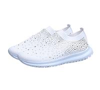 BESTYASH Rhinestone Mesh Slip On Walking Shoes Fashion Breathable Sparkle Glitter Sneaker White