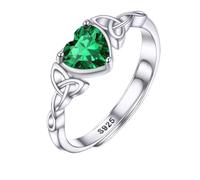 Bestyle 925 Sterling Silver Crystal Ring for Women Triquetra Celtic Knot Band Ring with May Birthstone Green Stone Ring for Mother Grandma Gift