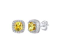 Bestyle 925 Sterling Silver Cubic Zirconia Stud Earrings for Women - Large Square Simulated Diamond Earrings with Sparkling Yellow Birthstone