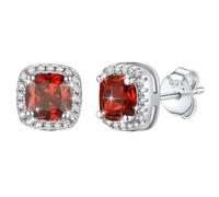 Bestyle 925 Sterling Silver Cubic Zirconia Stud Earrings for Women - Large Square Simulated Diamond Earrings with Sparkling Red Earrings