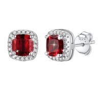 Bestyle 925 Sterling Silver Cubic Zirconia Stud Earrings for Women - Large Square Simulated Diamond Earrings with Sparkling Garnet Birthstone