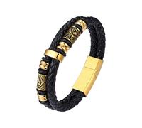 Bestyle Black Leather Bracelet for Men Double Layer Mens Leather Celtic Bracelets with Gold Beads, Fashion Punk Retro Men Bracelet Leather Great Gift for Father Husband, 23cm/9.8 Inch