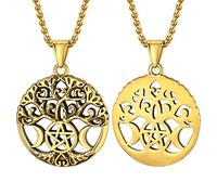 Bestyle Men Life Tree Charm Necklace with Text Engraved 18K Gold Plated Moon Goddess Protection Necklace for Women Wiccan Anmulet Pendant