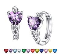 Bestyle Silver Hoop Earrings CZ Created Heart Diamond Hoops | Classic Silver February Amethyst Birthstone Earrings for Women, Great Birthday Gift for Daughter/Wife/Mom/Grandma