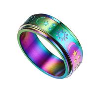 Bestyle Stainless Steel Laser Gradient Band Rings for Men Women Cool Steel Rings Rainbow Colour Rings with Moon Sun Star Size 07