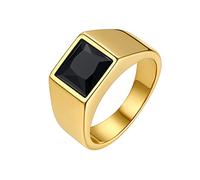 Bestyle Thick Men Gold Ring-8mm*8mm Black Onyx Gemstone Ring-Chunky Cool 18K Gold Plated Men Signet Ring Stacking Thick Band Ring- Retro Biker Every Day Casual Ring, Size Q