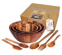 BestySuperStore Nesting Round Wood Bowls Mix Size 9½”, 8½”, 7” Stackable Acacia Wooden Bowl Set with Spoons and Forks for salad dip sauce snack rice pasta soup fruit cereal Tableware Nested Dish Sets