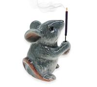BestySuperStore Tiny 1¾" Gray Sitting Rat Mouse Incense Holder - Ceramic Incense Stick Burner Clay Tray Porcelain Miniature Handmade Animals Decorative Figurine Cute Mini Colorful Décor Gifts