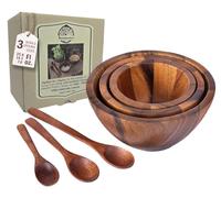 BestySuperStore Tiny Nesting Round Wood Bowls Mix Size 4", 5", 6" Stackable Acacia Wooden Bowl Set with 3 Spoons for Serving Salad dip Sauce Snack Rice Pasta Cereal Decor Tableware Nested Dish Sets