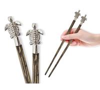 BestySuperStore Wooden Chopsticks 9⅞" Long Teak Wood Chopstick With Metal Sea Turtle Top Eating Utensils Oriental Cutlery Asian Tableware Decorative Dinnerware to Serve Chinese Japanese Korean Food