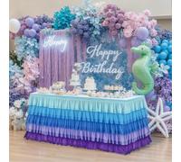 Besutolife Mermaid Tablecloth Mermaid Birthday Decorations Tutu Table Skirt for Rectangle Tables Ocean Under The Sea Party 9ft