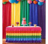 Besutolife Rainbow Tablecloth Ruffle Tutu Table Skirt for Rectangle Table 6ft Birthday Uincorn Rainbow Party Decoration