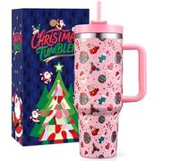BesWin 40 oz Christmas Tumbler with Handle and Straw Lid, Triple Wall Stainless Steel Insulated Travel Mug Cup, Fit in Cup Holder, Christmas Gifts for Women Men Kids(Pink Santa Claus Star)
