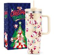 BesWin 40 oz Christmas Tumbler with Handle and Straw Lid, Triple Wall Stainless Steel Insulated Travel Mug Cup, Fit in Cup Holder, Christmas Gifts for Women Men Kids(Rose Quartz Santa Gingerbread Man)