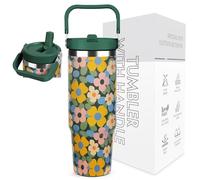 BesWin Thermal Mug 30 oz Stainless Steel Drinking Bottle with Straw - 0.89 Litre Drinking Cup with Handle Leak-Proof - Flip Straw Tumbler - Double-Walled Vacuum Insulation - Flowering Shrubs