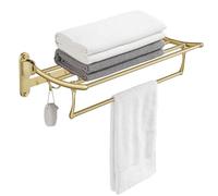 BESy 24 Inch Brushed Gold Double Towel Racks, Foldable Towel Shelf with Adjustable Bar and Hooks, Wall Mounted Multifunctional Bathroom Accessories