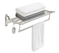 BESy 24 Inch Brushed Nickel Towel Racks, Bathroom Towel Shelf with Foldable Towel Bar Holder and Towel Hooks, Wall Mounted Multifunctional Bathroom Accessories, Double Towel Bars