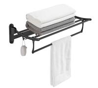 BESy 24 Inch Matte Black Towel Racks, Bathroom Towel Shelf with Foldable Towel Bar Holder and Towel Hooks, Wall Mounted Multifunctional Double Towel Bars