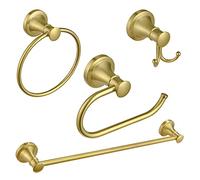 BESy Brushed Gold 4 Piece Bathroom Accessories Set (Single Towel Bar, Towel Ring, Toilet Paper Holder, Double Towel Hooks), Wall Mounted Bath Hardware Accessory Fixtures Set