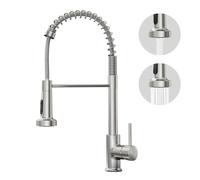 BESy Polished Chrome Kitchen Sink Tap, 2 Function Kitchen Sink Mixer Taps with Pull Out Spray, Brass High-Arc 360° Swivel Single Handle Spring Rv Taps