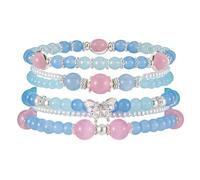 Besydec021 Blue Pink Stackable Boho Beaded Bracelets With Natural Stone & Pearl Heart & Beads for Women,Adjustable Silver Jewelry