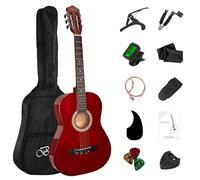 BESYOU 38in Beginner Acoustic Travel Guitar Basic Starter Kit Tuner Capo Strings Winders Strap Picks Pickguard with Gig Bag Starter Practice Guitar For Kids Teens Students Adults