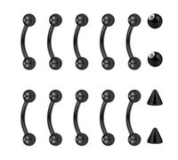 Besyvvin 10pcs Curved Barbell 16G Piercing Lip Septum Eyebrow Rook Daith Stud Black Vertical Labret Bars 12mm Stainless Steel