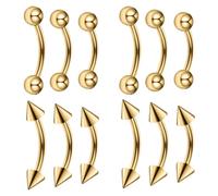 Besyvvin 12pcs Curved Barbell Eyebrow Lip Bars Spike Rook Daith Stud 6mm 8mm 10mm Stainless Steel 16G Piercing Jewellery Gold