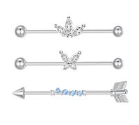 Besyvvin 3pcs 38mm Industrial Bars Stainless Steel 14G Scaffold Barbell Silver Industrial Piercing Jewellery Arrow Butterfly CZ