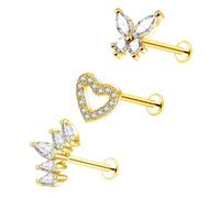 Besyvvin 3pcs Flat Back Helix Tragus Bars Lip Labret Studs Stainless Steel 10mm Cartilage Earring Piercing Flower Butterfly Jewellery Gold