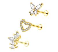 Besyvvin 3pcs Flat Back Helix Tragus Bars Lip Labret Studs Stainless Steel 6mm Cartilage Earring Piercing Flower Butterfly Jewellery Gold