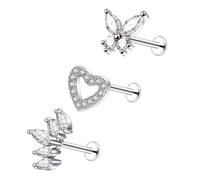 Besyvvin 3pcs Flat Back Helix Tragus Bars Lip Labret Studs Stainless Steel 6mm Cartilage Earring Piercing Flower Butterfly Jewellery Silver