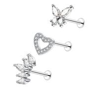 Besyvvin 3pcs Flat Back Helix Tragus Bars Lip Labret Studs Stainless Steel 8mm Cartilage Earring Piercing Flower Butterfly Jewellery Silver